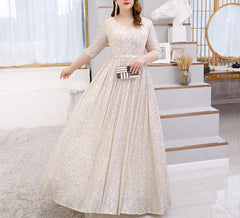 Women's V Neck Long Sleeves Oversized Sequin Ties Party Evening Dress