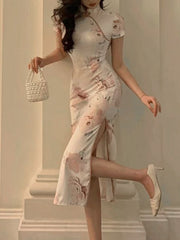 Women's 2023 Summer New Elegant Cheongsam Midi Dress Chinese Style Fashion Ladies Robe 4y20