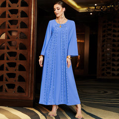 Spring and summer new Middle Eastern Arab ladies large size handmade beaded dress loose and comfortable beaded blue round neck long-sleeved tempe