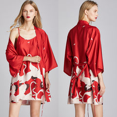 Pajamas women's summer ice silk nightgown dressing gown large size printing home wear