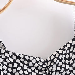 Elegant A Line Geometric Print Midi Dress Women Puff Short Sleeve Vintage Dress Chic Split Dresses Summer Vestidos