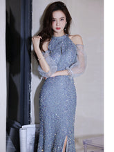 Best-selling new annual meeting evening dress skirt female blue long hanging neck host light luxury niche celebrity banquet temperament sequins