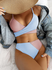 New European and American solid color matching thick pit strip cross straps high waist bikini sexy swimsuit swimsuit