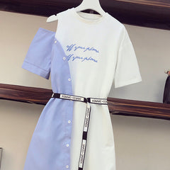 فستان نسائي صيفي لعام 2023 بأكتاف باردة وطباعة حروف فستان غير منتظم ملابس خروج غير رسمية بخياطة مخططة فستان قميص متوسط الجزء 4*10