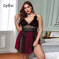 CyiExi Plus Size Sexy Lace Sleepwear Night Dress Women Out V-neck Sleeveless Dress + Thong Female Nightwear Nightgown Set