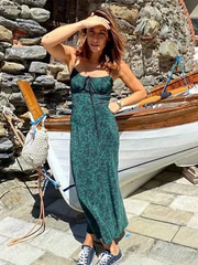 حزام بلا أكمام طباعة بوهو فستان صيفي طويل للنساء فساتين خضراء زهرية صفراء فستان الشمس خمر النمط الفرنسي