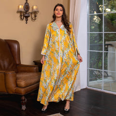 Muslim women's new dress print Kaftan Middle East ethnic style hot diamond Jalabiya rhinestone elegant dress