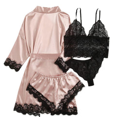 Long Sleeve Womens Pajamas European American Lace Lingerie Nightwear Underwear Set Satin Suspenders Sleepwear Nightgown