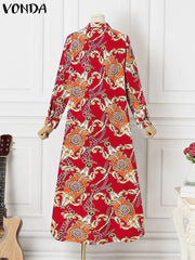 VONDA Women Boho Vintage Random Pattern Printed Maxi Long Dresses Sping Autumn Casual Loose Lapel Long Sleeve Asymmetrical Hem Vestidos Plus Size