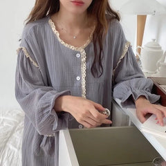 QWEEK Cotton Sleepwear Women Korean Nightdress Autumn Long Dress Nightgown Lace Nightie Long Sleeve Nightwear Female Loungwear