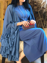 Blue Chiffon Elegant Ruffle Sleeve Slim Dress