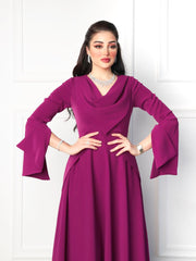 Rose Red Elegant Silk Scarf Collared Waist Dress