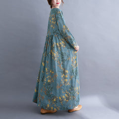 Ladies, Japan and South Korea, autumn new style art and leisure plus size women's fat MM plus fertilizer to increase printing cotton and linen long-sleeved temperament dress