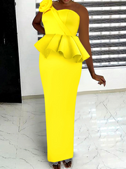 AOMEI Long Party Dress Women Evening Sexy One Shoulder Ruffle Peplum Floral Sleeveless African High Waist Bodycon Gowns Event
