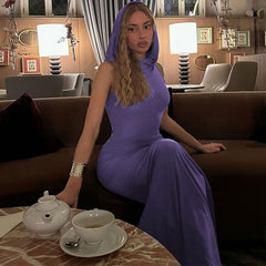 European and American style women's clothing 2023 summer new fashion solid color hooded back slit sleeveless dress