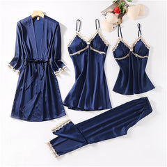 4pc Silk Robe Sleep Suit Women'S Lace Chiffon Satin Pajamas Gown Set V-Neck Night Wear Pajama Home Nightwear Nightdress