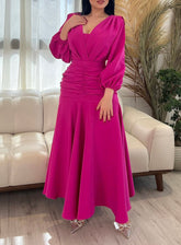 Rose Red Elegant Pleated Waist Dress