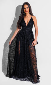 Temperament Black Fashion Sequin Long Sleeve Sleeveless Sling Halter Evening Dress