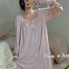 Women Nightgowns Long Sleeve Lace Sweet Square Collar Retro Midi Nightdress Cozy Bow Gentle Teens Sleepwear Kawaii