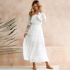 Female Strapless Long Sleeve Sundress Women's White Beach Dress Summer Loose Sexy Off Shoulder Lace Boho Maxi Dress Feme 2022