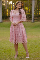 Lace dress temperament commuter mid-waist solid color lace pink lace-up dress