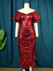 Women Shiny Party Long Dress Folds Short Lantern Sleeves Christmas Glitter Luxury Bodycon Elegant Sexy Prom Wedding Evening Gown