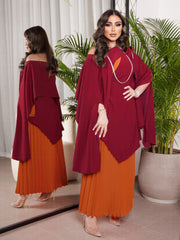 طقم فستان أحمر أنيق برتقالي مطوي وشال مكون من قطعتين