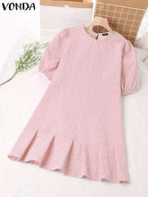 VONDA Elegant Dresses For Women 2022 Solid O Neck Short Puff Sleeve Spliced Ruffles A Line Vestidos Bohemian Party Casual Plus Size Short Dresses