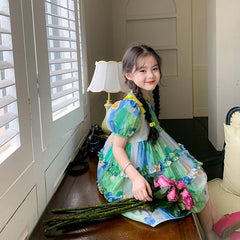 فستان بناتي جديد بنمط الرسم الزيتي الرعوي فستان صيفي جديد للفتيات متدرج اللون تنورة قصيرة الأكمام للأطفال