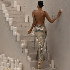 Laser Metal Coating Sexy Backless Suspender Dress European Style Spring Summer New Temperament Slim Banquet Dress Long Skirt