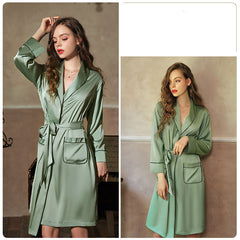 Autumn and winter new European and American pajamas women's deep v simulation silk nightgown bathrobe home service