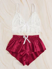Sexy ladies pajamas lace temptation bra suspenders underwear -waist shorts set