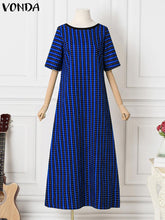 VONDA Elegant Dresses For Women 2022 Stripe O Neck Short Sleeve A-Line Vestidos Bohemian Party Casual Summer Plus Size Long Dresses