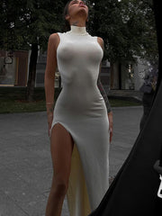 Summer Women's Slit Long Dress Elegant Holiday Sexy Sleeveless Club Party Tank Top Sundress Solid Color Clothes