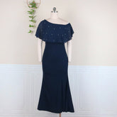 Women Long Dress Off Shoulder Bead Bodycon Ruffles Navy Blue Slit Plus Size 4XL 5XL Evening Birthday Party Occasion Event Summer