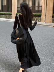 Vintage Knit Maxi Women's Wedding Dress O Neck Office Ladies Casual Pocket Bodycon Midi Dress 2022 Winter Black