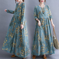 Ladies, Japan and South Korea, autumn new style art and leisure plus size women's fat MM plus fertilizer to increase printing cotton and linen long-sleeved temperament dress