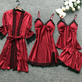 يناسب تأثيث المنزل الأوروبي والأمريكي سترة فضفاضة وسروال قصير من أربع قطع بيجامة من الحرير