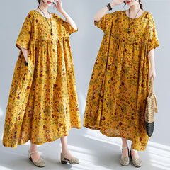 Thin and comfortable casual fat mm large size women's literary retro dress 2023 summer new national style round neck pullover short-sleeved dress