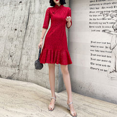 Ladies Short Mid Sleeve Lace Retro Cheongsam Dress LX269