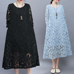 2023 spring and summer new fashion temperament elegant literary lace loose all-match thin long-sleeved hollow dress for women
