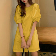 Women Summer Dress VONDA 2022 Elegant Party Dresses Short Puff Sleeve O Neck Casual Solid Color Mini Sundress Pleated Vestidos