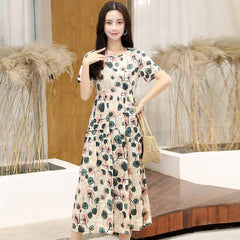 فستان بوهو نسائي مقاس كبير فستان طويل طويل للحفلات فستان صيفي أنيق مطبوع برقبة دائرية وخصر عالي وأكمام قصيرة