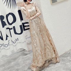 Ladies Long V-neck Sleeve Party Evening Dress Champagne Sequin Party Dress