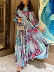 Blue red Printed Chiffon Long Dress
