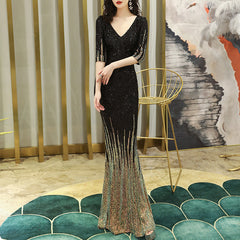 Ladies Banquet Long Slim Mermaid Evening Dress Fashion Sequined Double Shoulder V-neck Sleeve Party Dress
