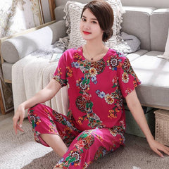 Pajamas set middle aged and elderly women's mom summer cotton Nightgown two piece suit grandma short sleeve large size new