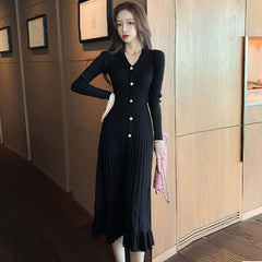 Fashion Korean Vintage V-Neck Single-breasted Long Sleeve Elasticity Midi Dress Women Casual Bodycon Skinny Knitted Ruffle Dress