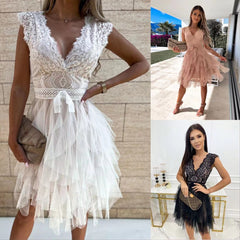 Elegant Women's Dresses Women's Holiday Party Dresses Sleeveless V Neck Skirt Sexy Lace Bowknot Women's Party Dress Tank Top