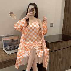 Spring Silk Pajamas Women's Long-sleeved Nightgown Suspenders Suit Women's Thin Section Sexy Home Wear Large Size